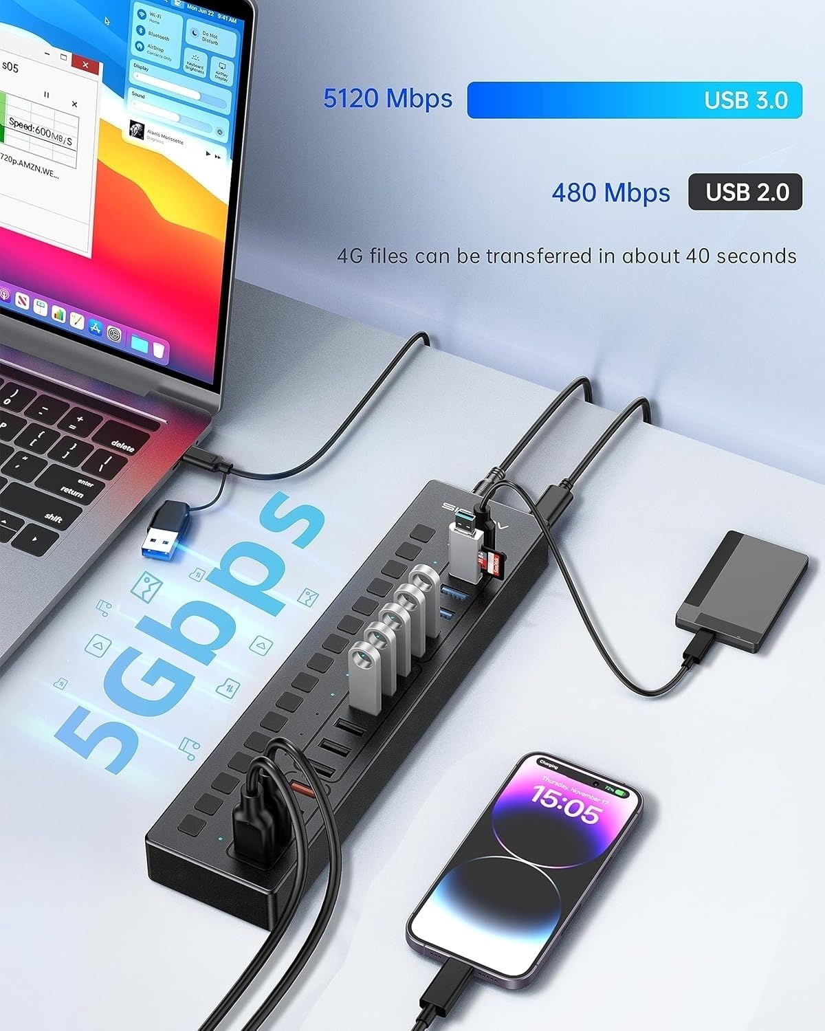 Acasis DS-516PB 16-Port USB 3.2 Gen1 5Gbps 60W + On-Off Switch 4xUSB3.2 5Gbps, 10xUSB-A2.0, 2xUSB-C. 1xDC for Power.