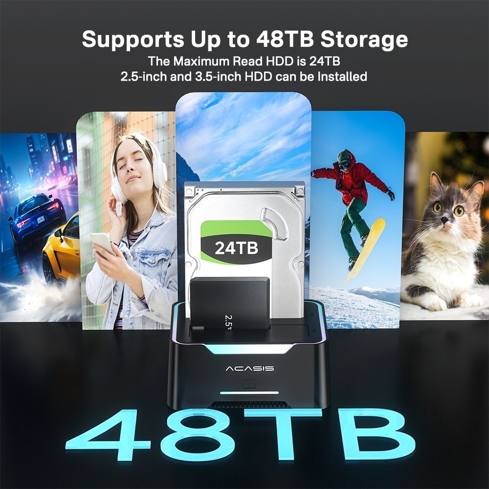 Acasis EC-6104 Dual Bay 2.5/3.5" Sata HDD SSD Enclosure USB 3.2 5Gbps 60TB.