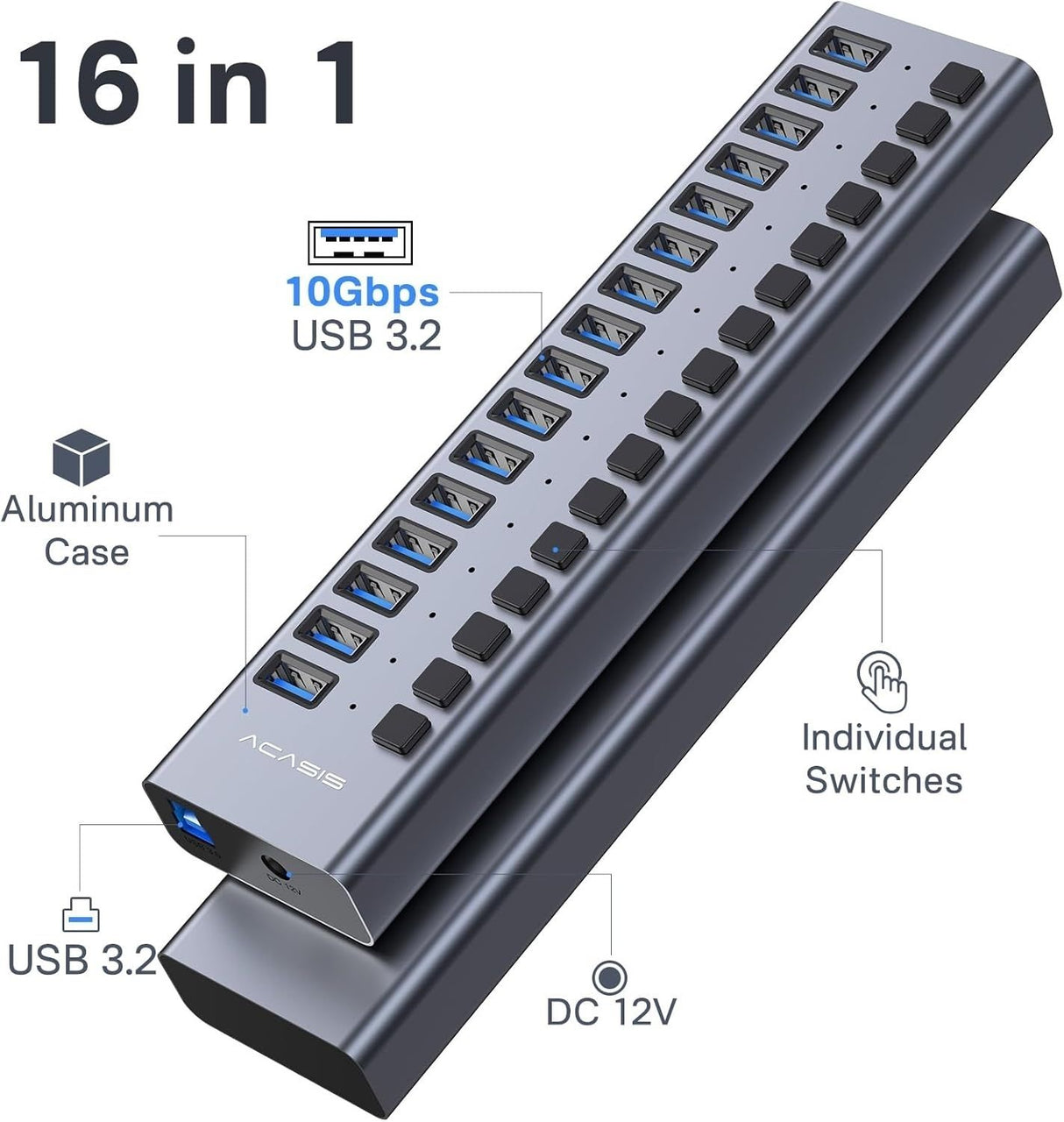 ACASIS HS-716MG USB 3.2 Gen2 10Gbps 12V/8A 16 Port USB-A + On/Off Switch with AC Power Adapter for PC & Laptop