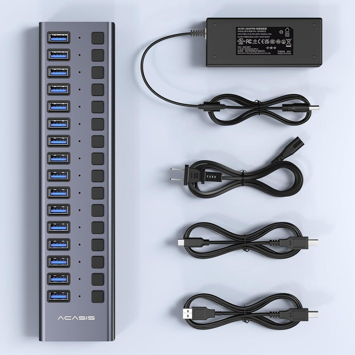 ACASIS HS-716MG USB 3.2 Gen2 10Gbps 12V/8A 16 Port USB-A + On/Off Switch with AC Power Adapter for PC & Laptop