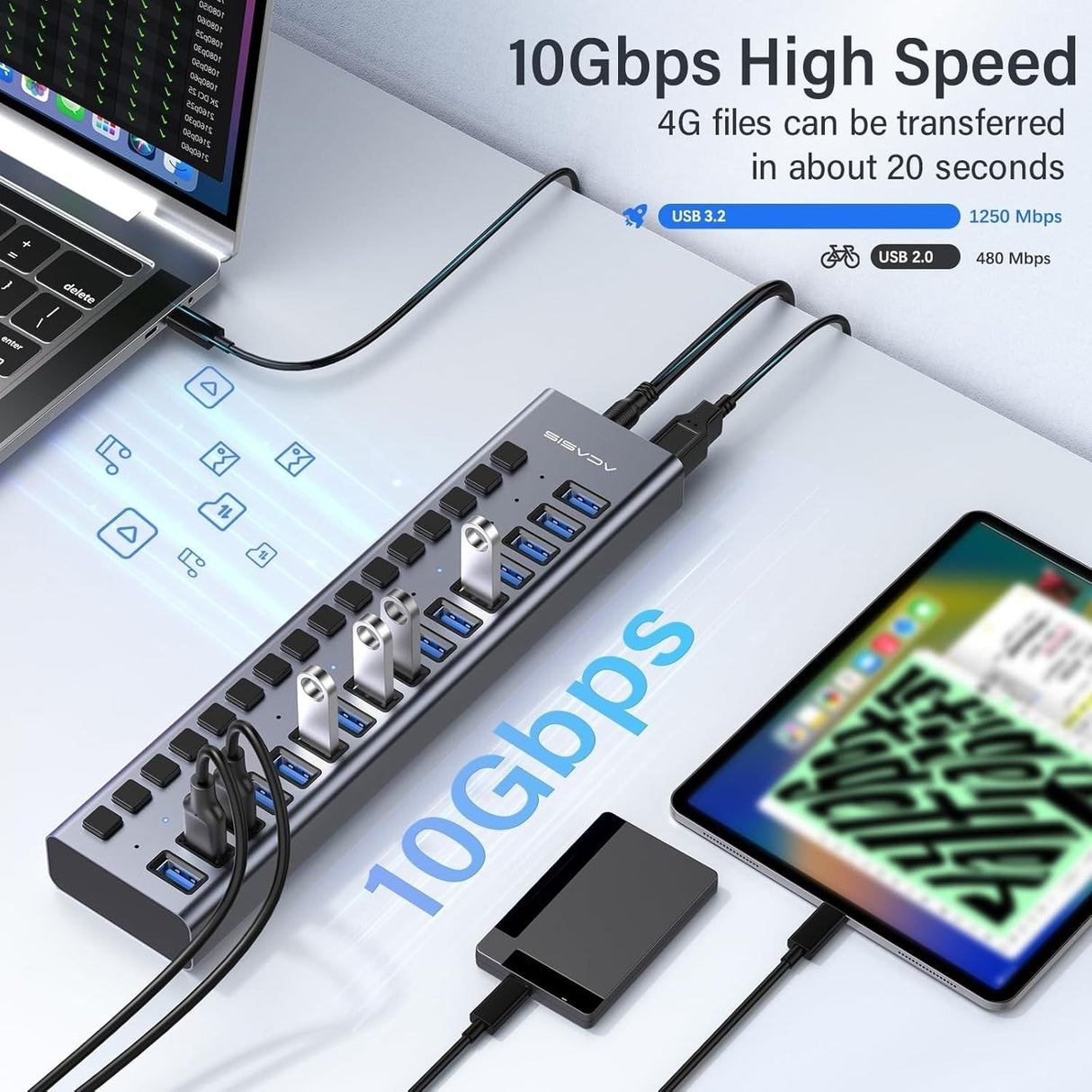 ACASIS HS-716MG USB 3.2 Gen2 10Gbps 12V/8A 16 Port USB-A + On/Off Switch with AC Power Adapter for PC & Laptop