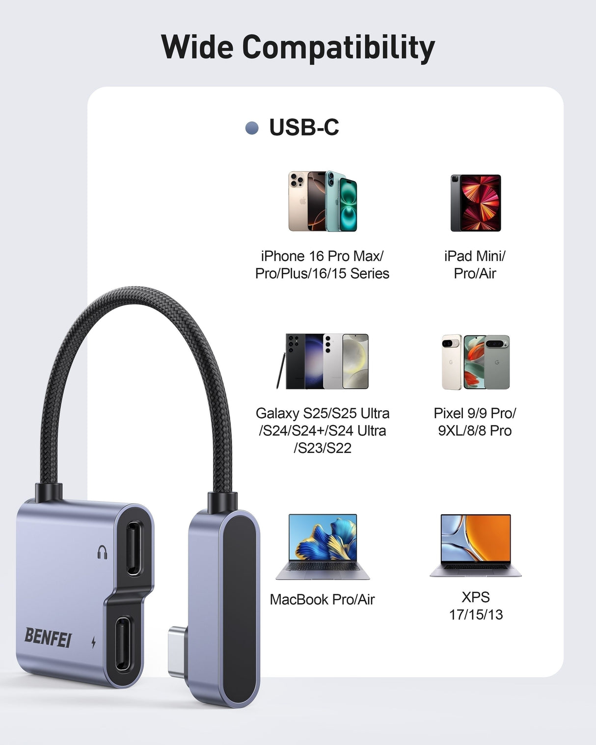 BENFEI 000413GY USB-C to USB-C Audio Headphone + Data Transfer and Charging Adapter