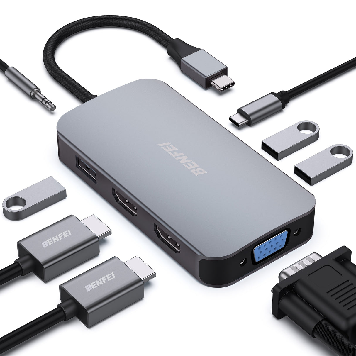 BENFEI 335GY USB-C Hub with Triple Display, 8-in-1 Docking Station (100W PD, Dual 4K HDMI, VGA, 3x USB 3.0)