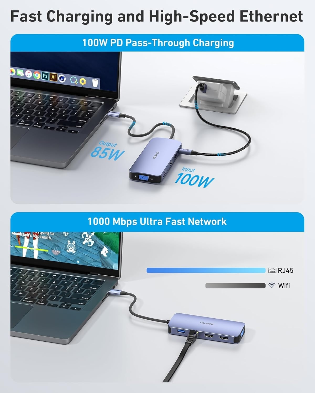 BENFEI 000359GY 11-in-1 USB C Hub Triple Display Docking Station Dual HDMI, VGA, 3xUSB 3.0, 10Gbps