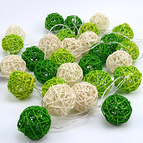 1 Set of Green n White 5cm Rattan Cane 50 Ball Battery Powered LONG 5m String Lights Christmas Gift Home Wedding Party Bedroom Decoration Table Centrepiece