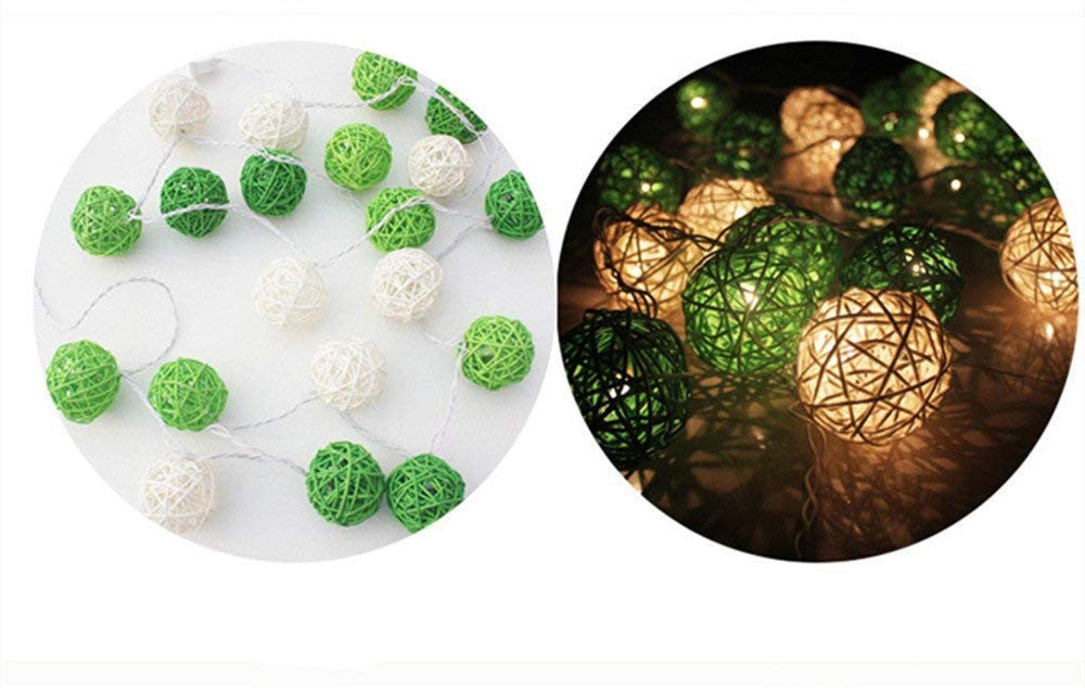 1 Set of Green n White 5cm Rattan Cane 50 Ball Battery Powered LONG 5m String Lights Christmas Gift Home Wedding Party Bedroom Decoration Table Centrepiece