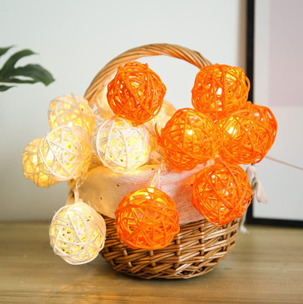 1 Set of Orange n White 5cm Rattan Cane 50 Ball Battery Powered LONG 5m String Lights Christmas Gift Home Wedding Party Bedroom Decoration Table Centrepiece