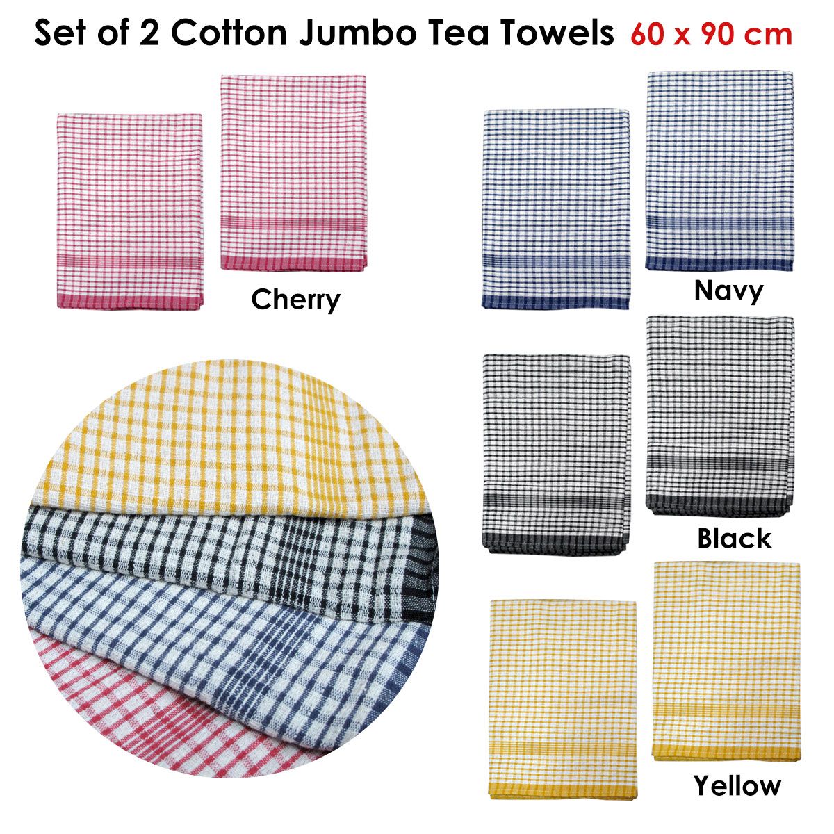Hotel Living Set of 2 Jumbo Cotton Check Tea Towels 60x90cm Navy
