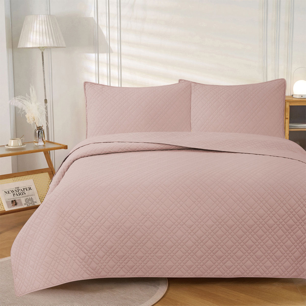 Blush reversible coverlet, queen size, reversible, so either side can face up.