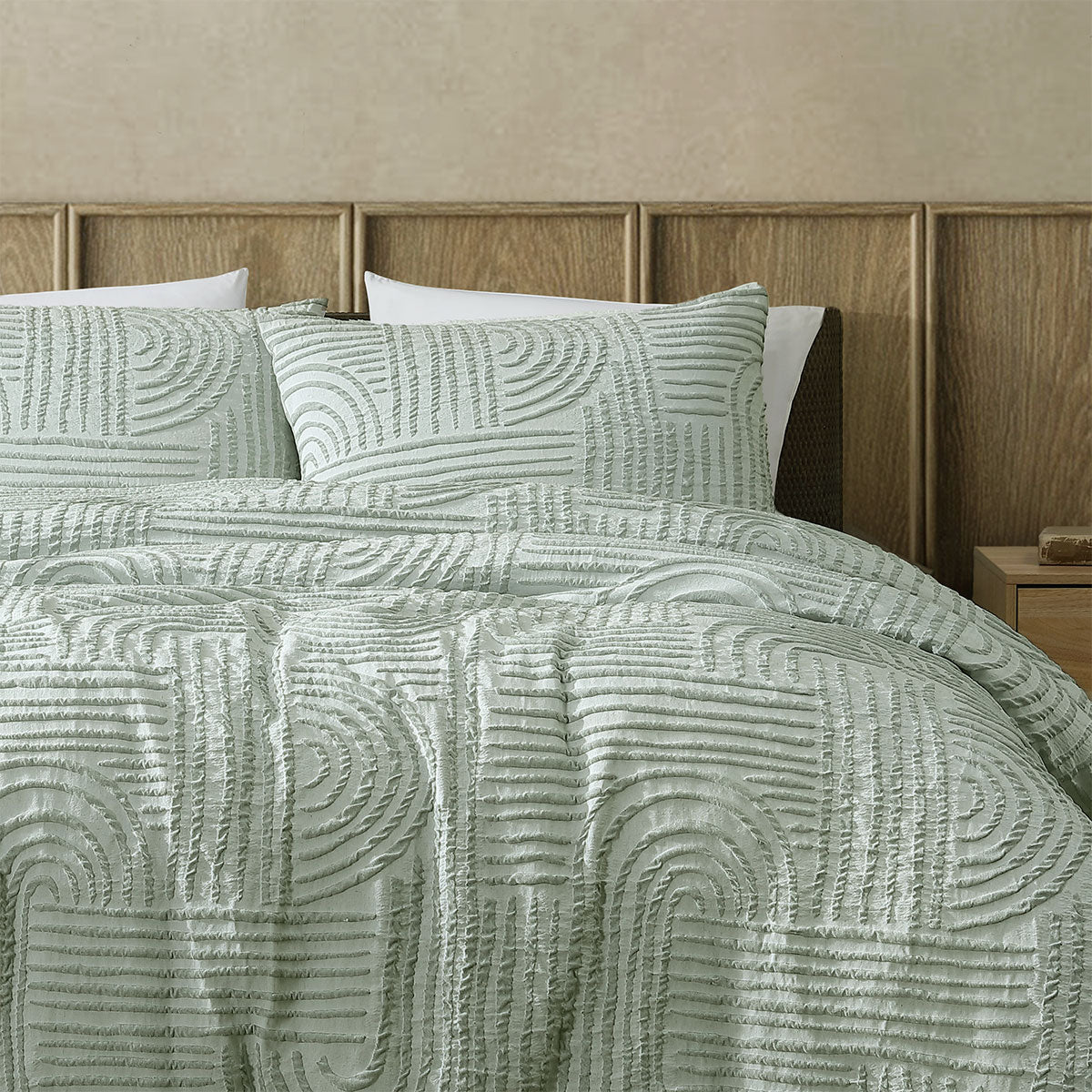 Ardor Kiewa Dusty Sage Textured Jacquard Aztec Quilt Cover Set Queen