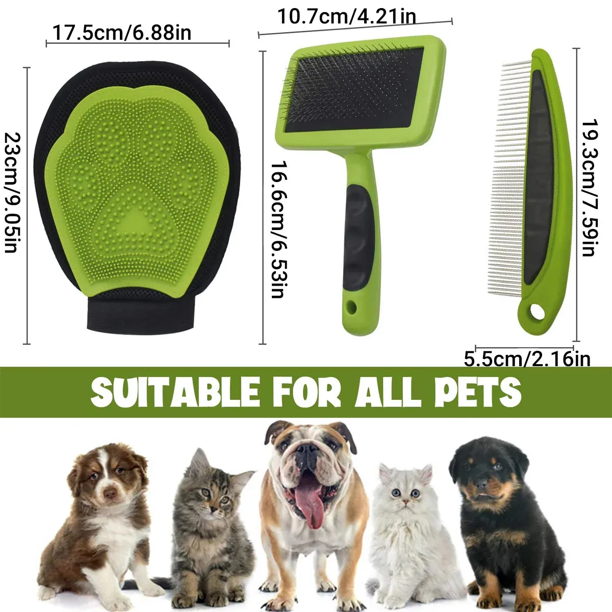 3-piece pet grooming kit with bath glove, needle comb and steel needle comb, green