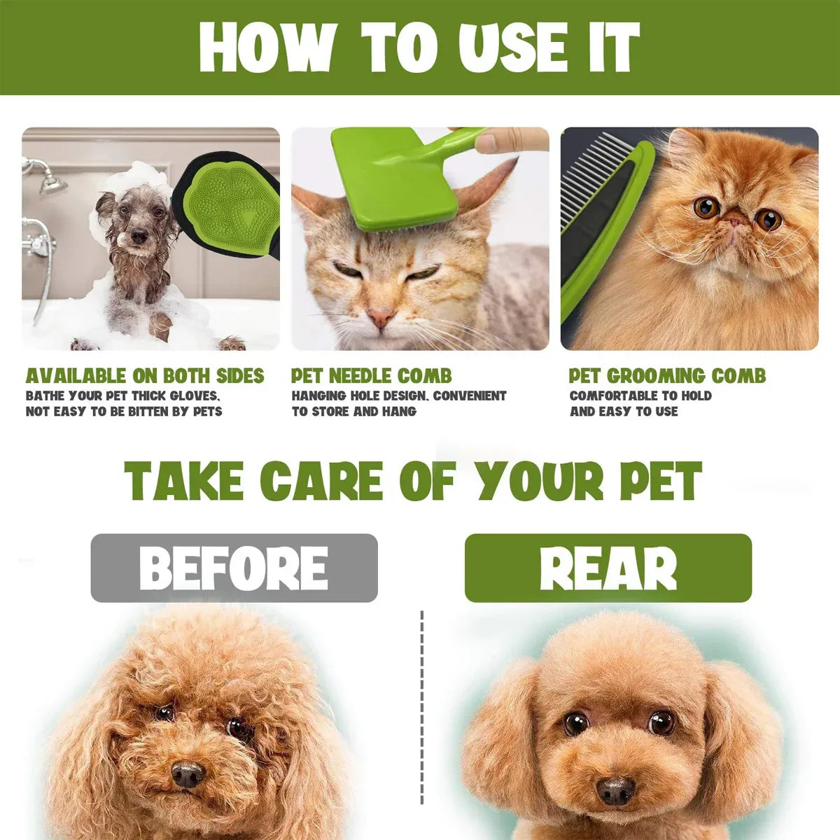 3-piece pet grooming kit with bath glove, needle comb and steel needle comb, green