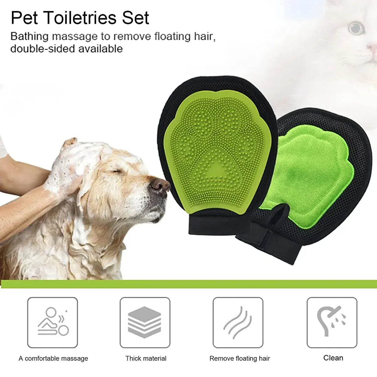 3-piece pet grooming kit with bath glove, needle comb and steel needle comb, green