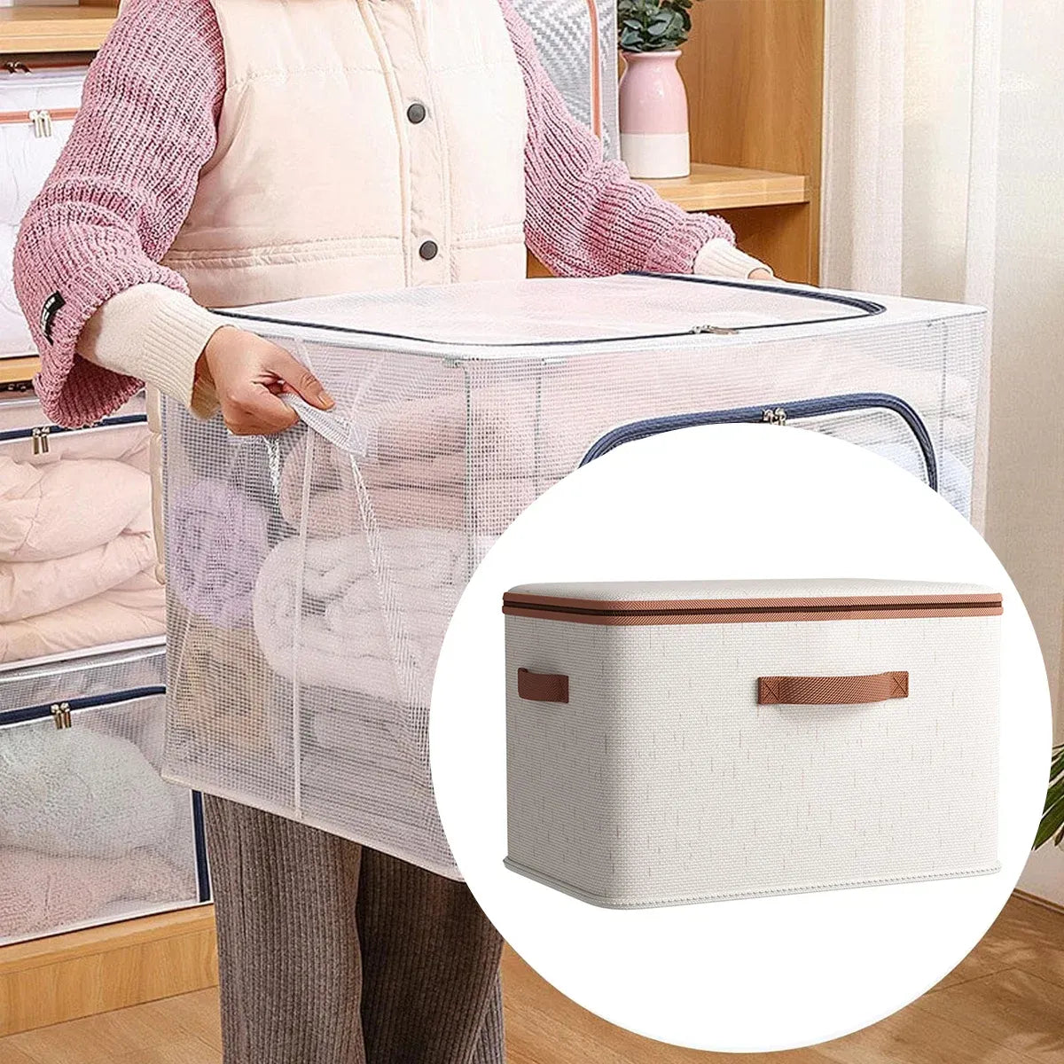 Large-Capacity Home Fabric Foldable Clothes Storage Basket with Lid for Pants - Grey