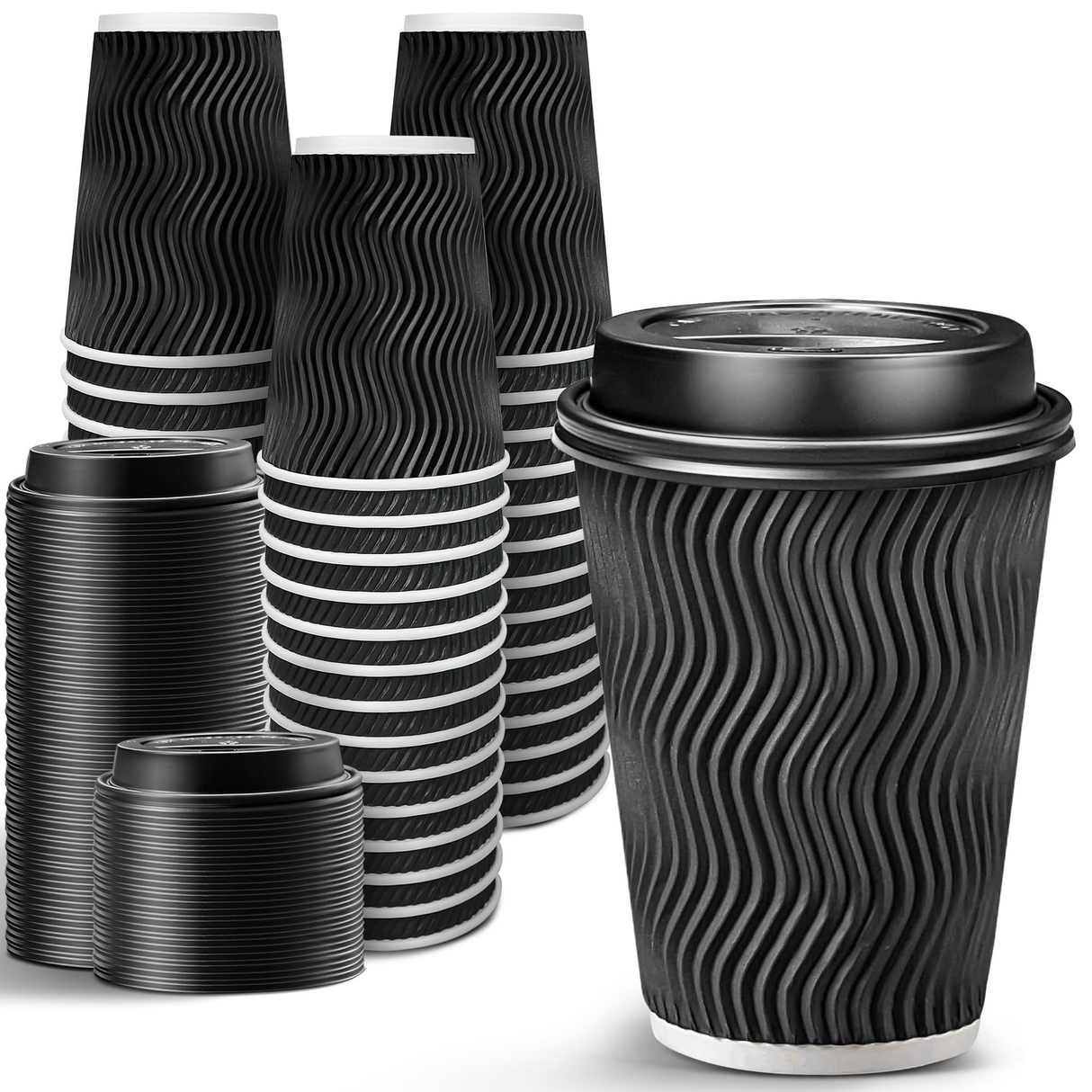 360x Triple Wall Paper Coffee Cups w/Lids (12oz) Disposable Takeaway Bulk in Black