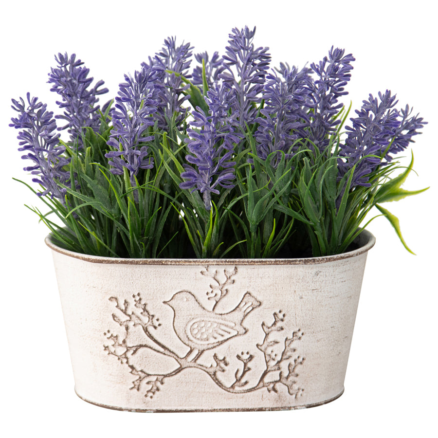Artificial Lavender Plant in Oval Pot w Bird 22cm