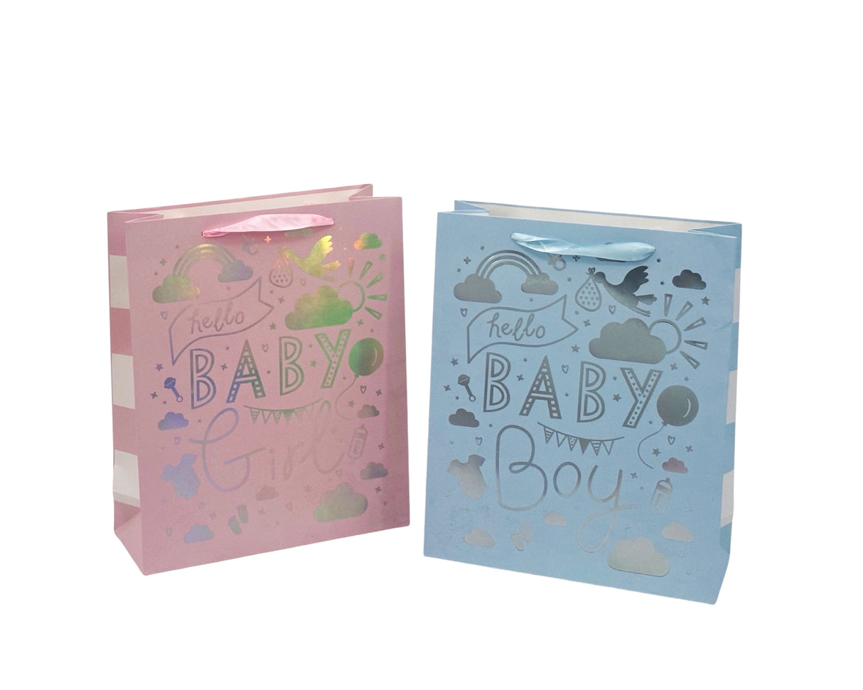 bulk 24 Medium Foiled Baby Gift Bag Assort 23cm