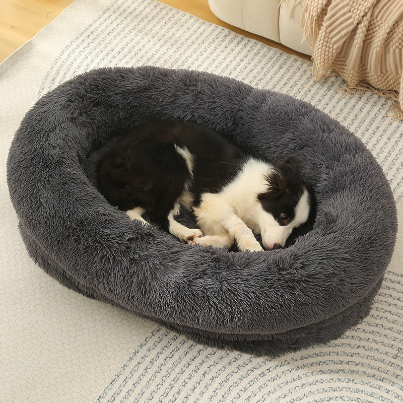 Fluffy Donut-Shaped Pet Bed- Soft, Cozy, and Anti-Anxiety for Dogs and Cats, Machine Washable Dark Gray Size:L 90*65*20cm
