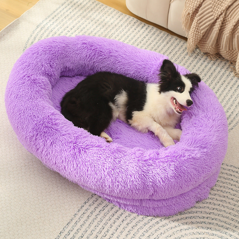 Fluffy Donut-Shaped Pet Bed- Soft, Cozy, and Anti-Anxiety for Dogs and Cats, Machine Washable Purple Size:L 90*65*20cm