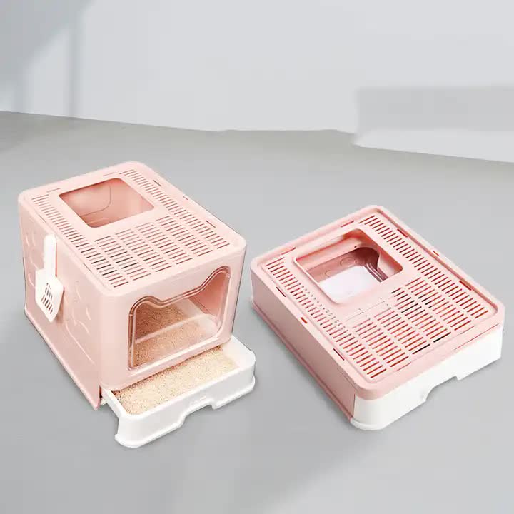 Foldable Cat Litter Box with Pull-Out Tray -Easy Cleaning and Anti-Splash Design Pink 51 41 38cm