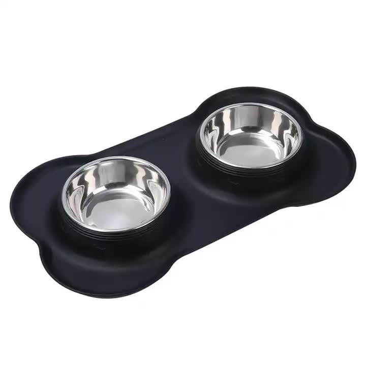 Non-Slip Stainless Steel Double Pet Bowl Set with Spill-Resistant Silicone Mat 45 27cm Black