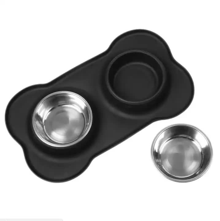 Non-Slip Stainless Steel Double Pet Bowl Set with Spill-Resistant Silicone Mat 45 27cm Black