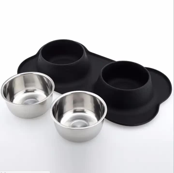 Non-Slip Stainless Steel Double Pet Bowl Set with Spill-Resistant Silicone Mat 45 27cm Black