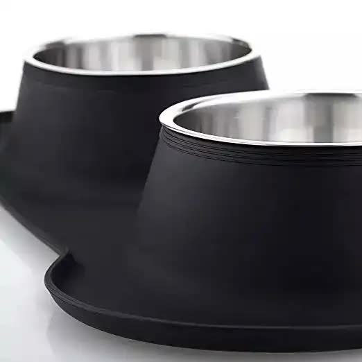 Non-Slip Stainless Steel Double Pet Bowl Set with Spill-Resistant Silicone Mat 45 27cm Black