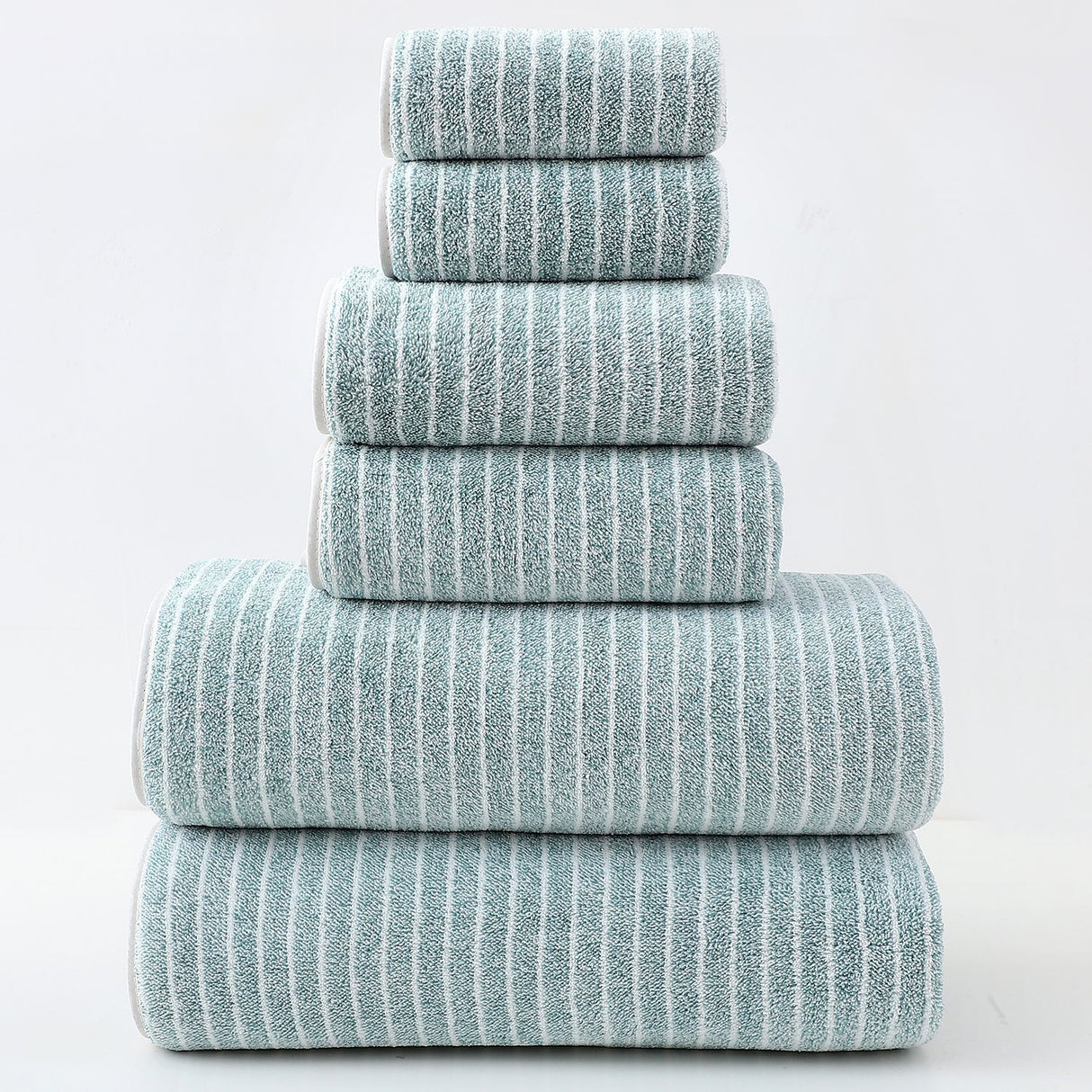 Luxury Cotton Striped Towel Set - 6 Piece Set (2 Hand Towels, 2 Bath Towels, 2 Washcloths), Ultra Soft and Absorbent (Green)