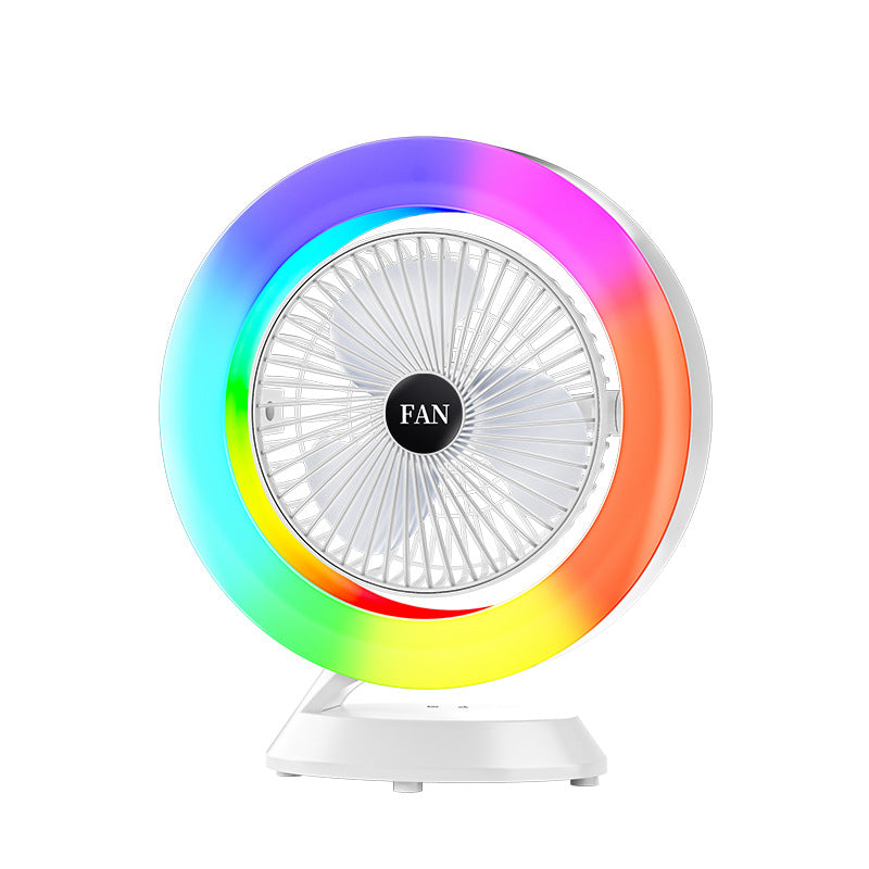 White RGB Desktop Fan - USB Rechargeable, 3-Speed, 180° Adjustable, LED Light