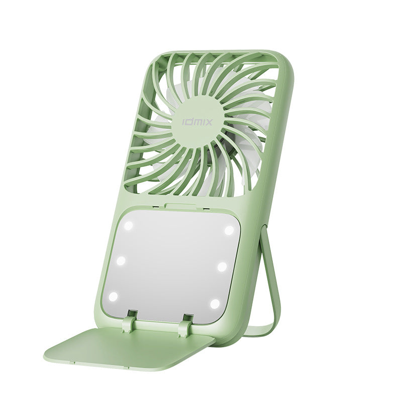 Green Portable Handheld Fan with Makeup Mirror - USB Rechargeable 3-Speed Mini Fan for Summer Cooling