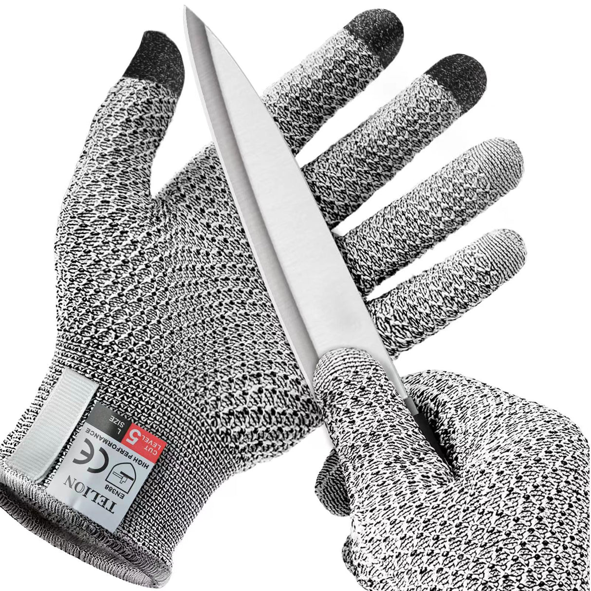 Grey 3-Pack Cut Resistant Gloves (Level 5 Protection) - Pineapple Grip, Touchscreen Compatible, Food Safe for Kitchen, Butcher & Fish Cleaning - One Size Fits Most