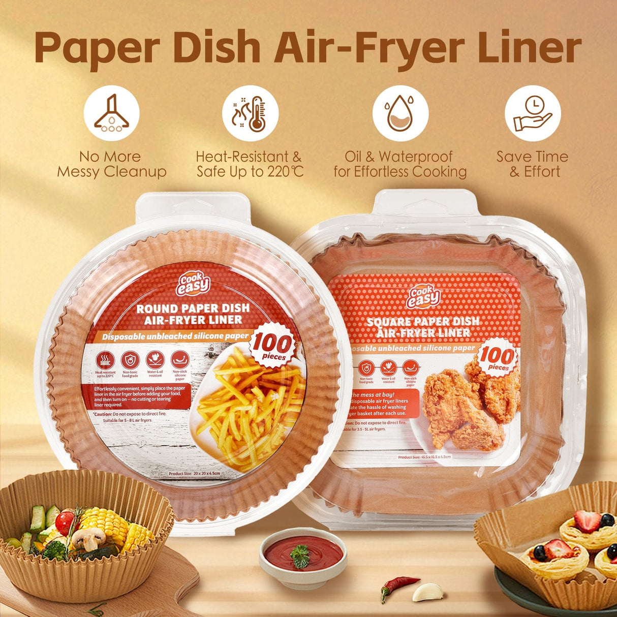 100 Pcs 20cm Square Disposable Unbleached Silicone Paper Dish Air-fryer Liner