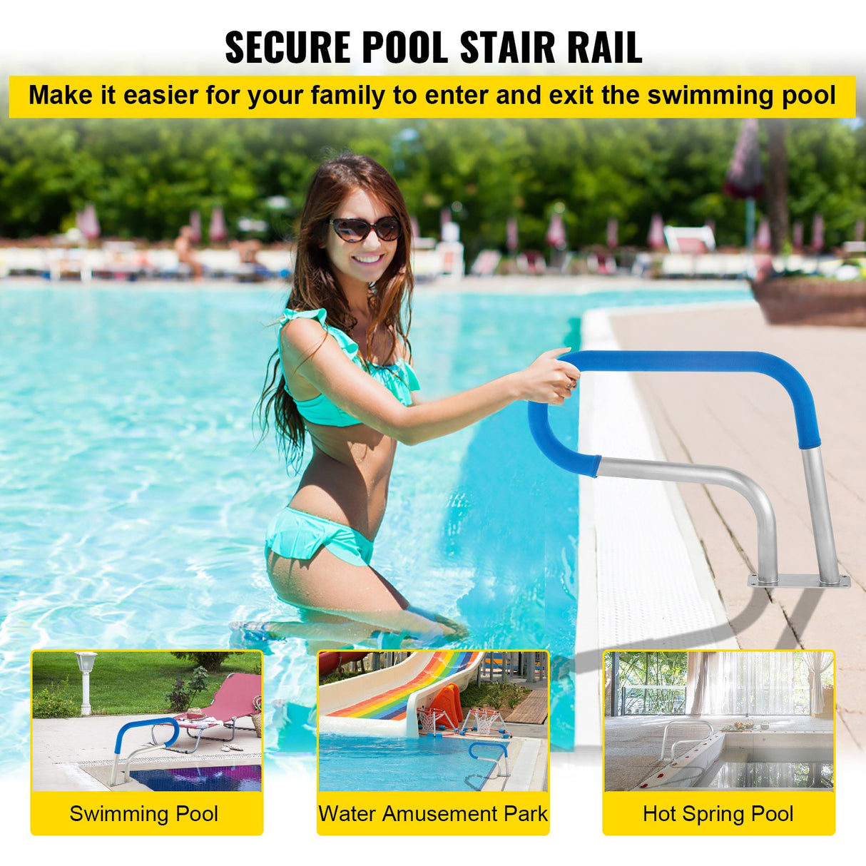 VEVOR Pool Rail 30x22 Pool Railing 304 Stainless Steel 250LBS Load Capacity Silver Rustproof Pool Handrail Humanized Swimming Pool Handrail with Blue Grip Cover & M8 Drill Bit & Self-Taping Screws