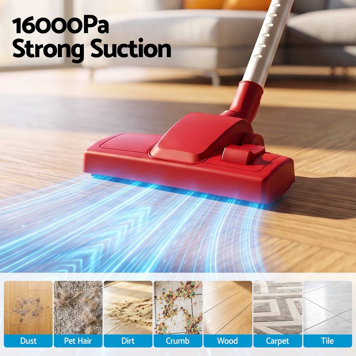 Red stick vacuum cleaner.