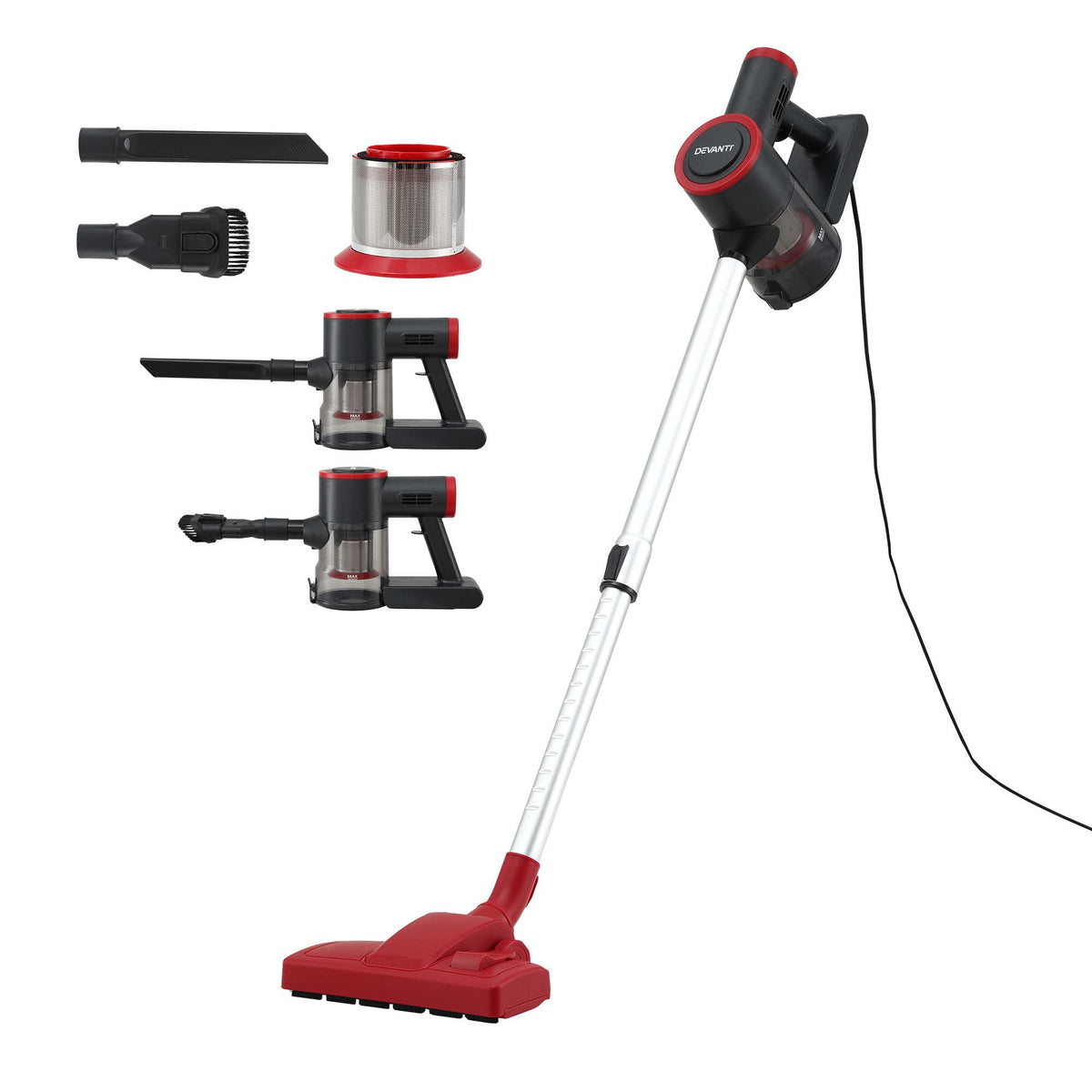 Red stick vacuum cleaner.