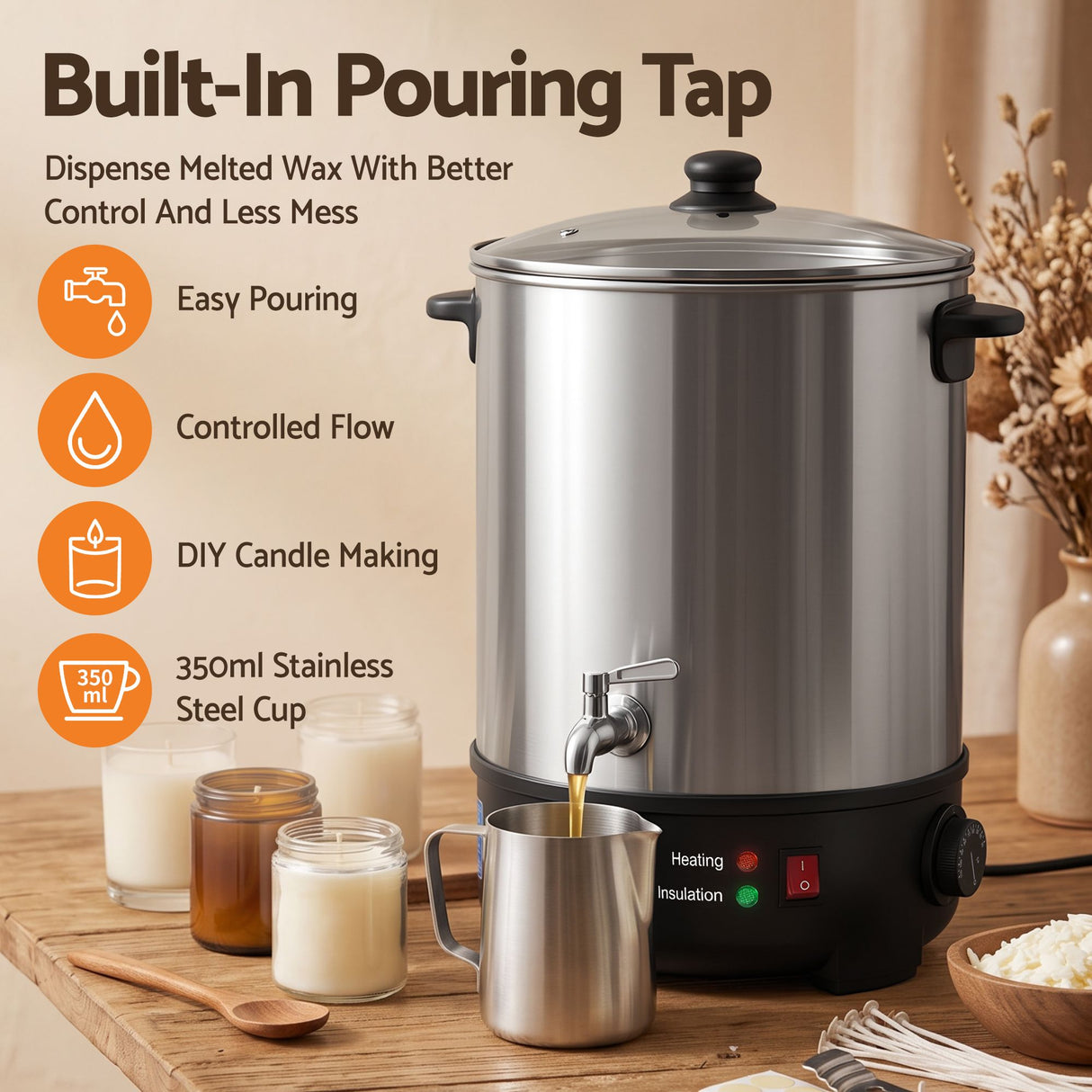 Devanti 16L Wax Melter Candle Making 1500W Melting Pot Furnace Quick Pour Spout Soy Soap