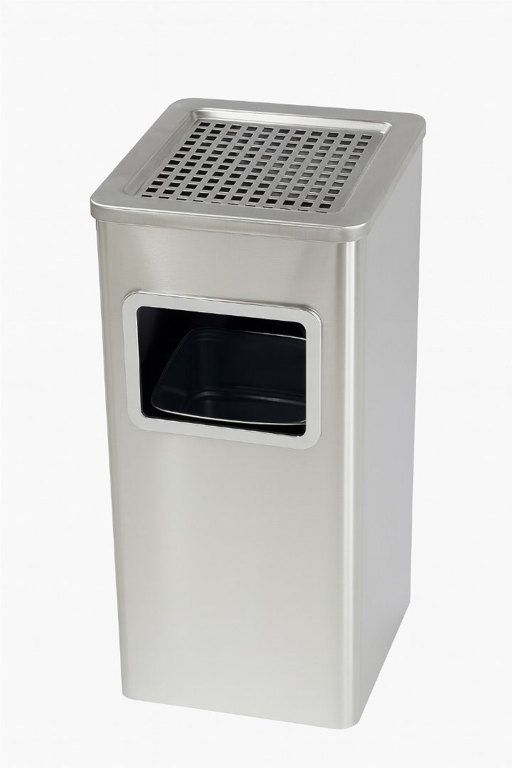Dolphy Stainless Steel Ashtray Bin 24L – Smoke Extinguishing Trash Can with Removable Galvanized Inner Bucket, Anti-Fingerprint SUS201, Square Design, Silver (DWBN0106)