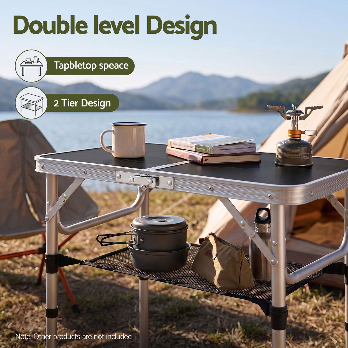 Weisshorn folding camping table, adjustable aluminium, 60 x 40 cm, black
