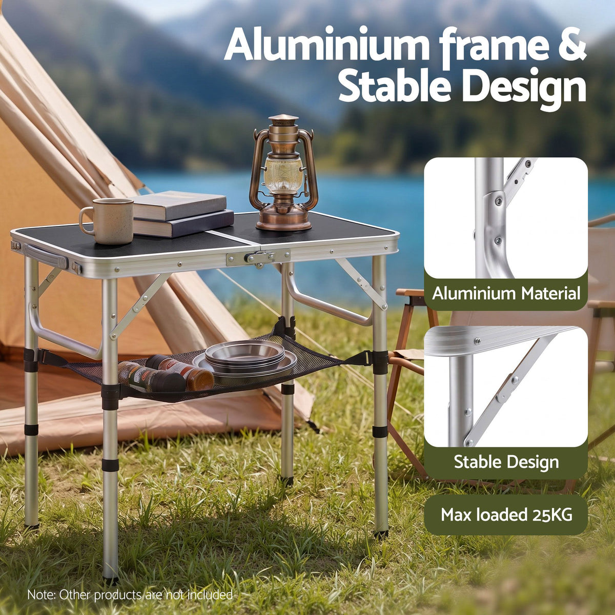 Weisshorn folding camping table, adjustable aluminium, 60 x 40 cm, black