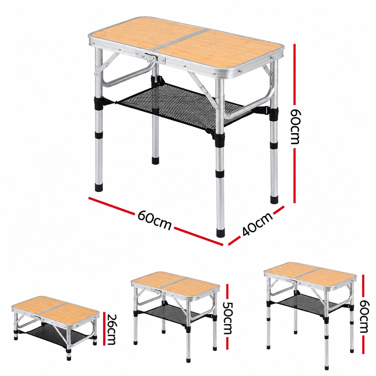 Weisshorn folding camping table, adjustable aluminium, 60 x 40 cm, wood grain