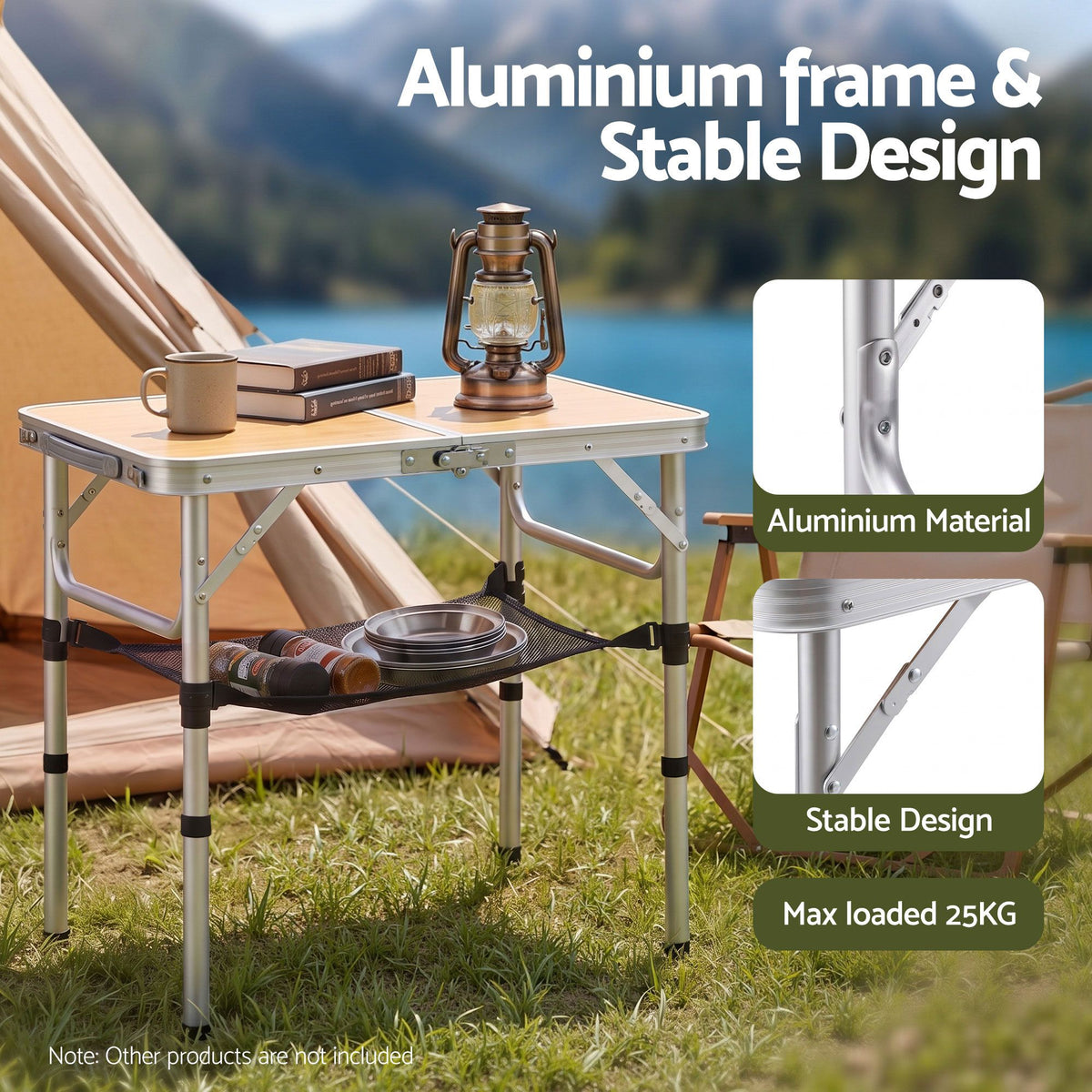 Weisshorn folding camping table, adjustable aluminium, 60 x 40 cm, wood grain