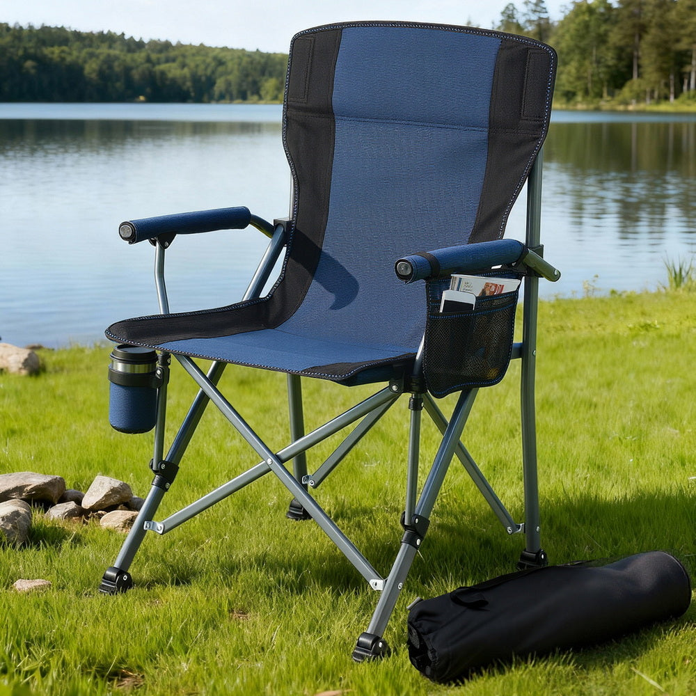 Navy blue folding seat, supplied with a carry bag.