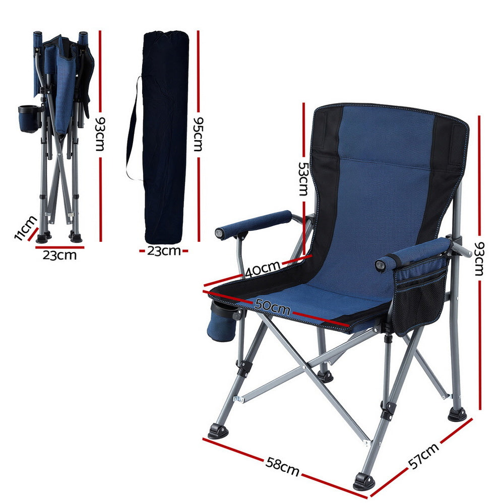 Navy blue folding seat, supplied with a carry bag.