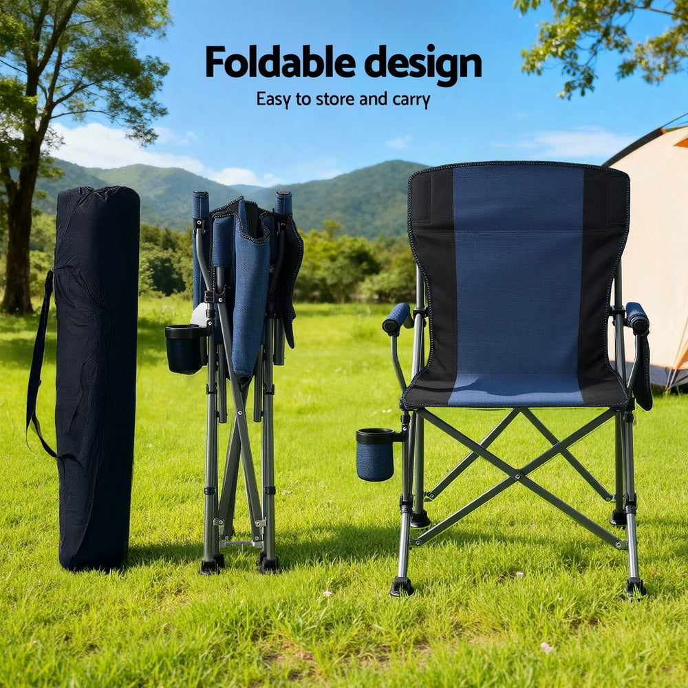 Navy blue folding seat, supplied with a carry bag.