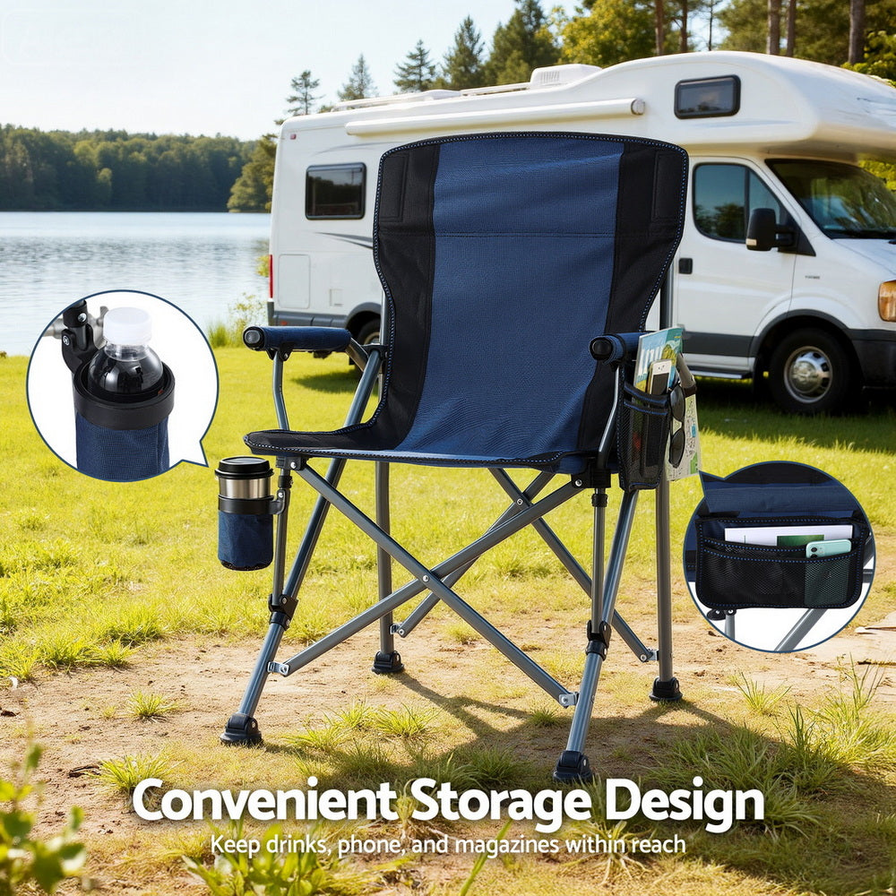 Navy blue folding seat, supplied with a carry bag.