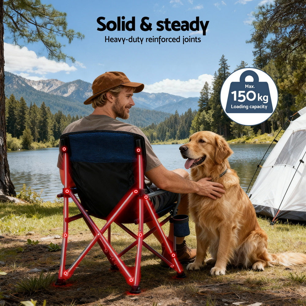 Navy blue folding seat, supplied with a carry bag.