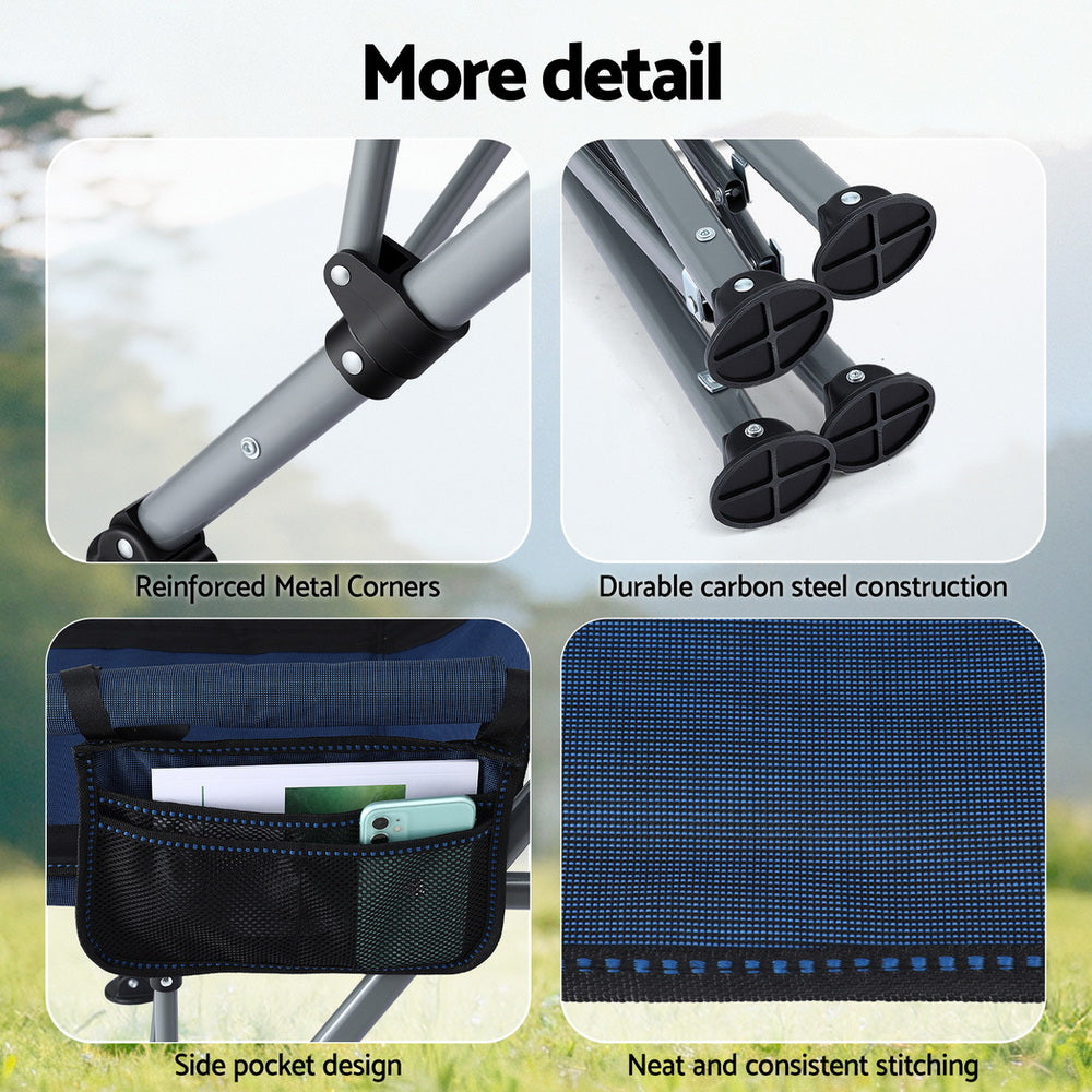Navy blue folding seat, supplied with a carry bag.