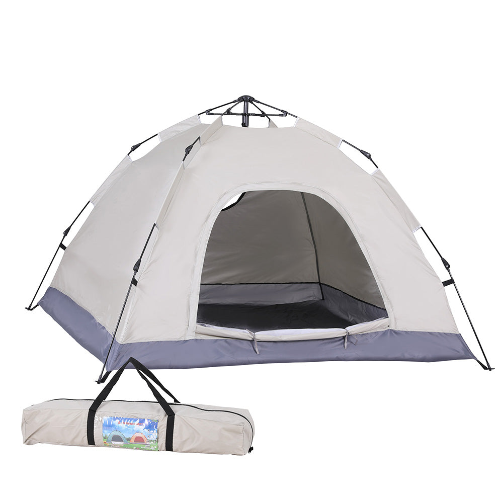 Beige pop up tents, supplied with a carry bag.