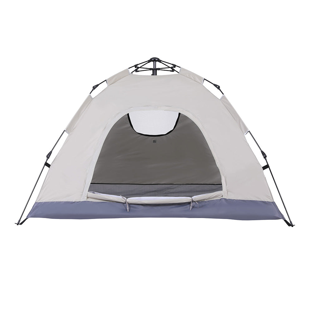Beige pop up tents, supplied with a carry bag.